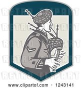 Vector Clip Art of Retro Cartoon Scotsman Playing Bagpipes in a Shield by Patrimonio