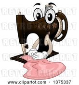 Vector Clip Art of Retro Cartoon Sewing Machine Character Working on a Piece of Material by BNP Design Studio
