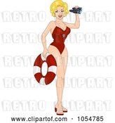 Vector Clip Art of Retro Cartoon Sexy Lifeguard Pinup with a Life Buoy and Binoculars by BNP Design Studio