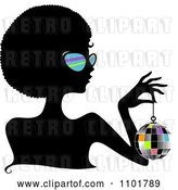 Vector Clip Art of Retro Cartoon Silhouetted Black Lady Wearing Sungasses and Holding a Disco Ball by BNP Design Studio