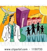 Vector Clip Art of Retro Cartoon Silhouetted Family and a Doctor with a Caduceus by a Hospital by BNP Design Studio