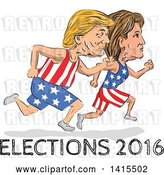 Vector Clip Art of Retro Cartoon Sketched Caricatures of Hillary Clinton and Donald Trump Running for the Presidency with Elections 2016 Text by Patrimonio