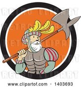 Vector Clip Art of Retro Cartoon Spanish Conquistador Carrying a Sword and Axe in a Black White and Orange Circle by Patrimonio