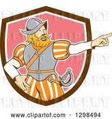 Vector Clip Art of Retro Cartoon Spanish Conquistador Pointing in a Brown White and Pink Shield by Patrimonio