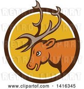 Vector Clip Art of Retro Cartoon Stag Buck Deer Head in a Brown White and Yellow Circle by Patrimonio