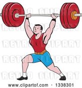 Vector Clip Art of Retro Cartoon Strongman Bodybuilder Doing Lunges with a Barbell over His Head by Patrimonio