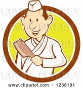 Vector Clip Art of Retro Cartoon Styled Japanese Butcher Guy Holding a Cleaver Knife in a Brown White and Yellow Circle by Patrimonio