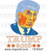 Vector Clip Art of Retro Cartoon Styled Portrait of Republican Presidential Nominee Donald Trump over Text by Patrimonio
