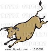 Vector Clip Art of Retro Cartoon Styled Running Brown Texas Longhorn Bull by Patrimonio
