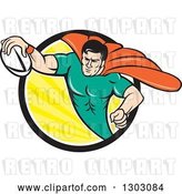 Vector Clip Art of Retro Cartoon Super Hero Flying with a Rugby Ball and Emerging from a Black White and Yellow Sun Rays Circle by Patrimonio