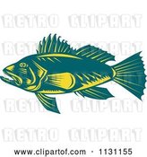 Vector Clip Art of Retro Cartoon Teal and Yellow Largemouth Bass Fish in Profile by Patrimonio