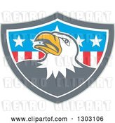 Vector Clip Art of Retro Cartoon Tough Bald Eagle in a Gray White and American Flag Shield by Patrimonio