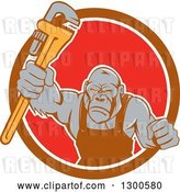 Vector Clip Art of Retro Cartoon Tough Gorilla Plumber Guy Punching with a Monkey Wrench in a Brown White and Red Circle by Patrimonio