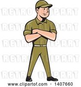Vector Clip Art of Retro Cartoon Tradesman in a Green Uniform, Standing with Folded Arms by Patrimonio