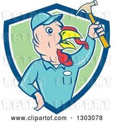 Vector Clip Art of Retro Cartoon Turkey Bird Builder Worker Holding up a Hammer in a Blue White and Green Shield by Patrimonio