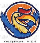 Vector Clip Art of Retro Cartoon Victorious Hornbill or Bucerotidae Bird Mascot Cheering in a Blue White and Orange Circle by Patrimonio