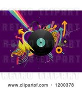Vector Clip Art of Retro Cartoon Vinyl Record Album with Arrows and Rainbows on Purple by BNP Design Studio