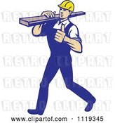 Vector Clip Art of Retro Cartoon Walking Carpenter Worker Holding a Thumb up and Carrying Lumber on His Shoulder by Patrimonio