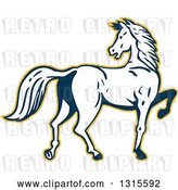 Vector Clip Art of Retro Cartoon White and Dark Blue Prancing Horse Looking Back and Outlined in Yellow by Patrimonio