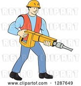 Vector Clip Art of Retro Cartoon White Construction Worker Holding a Jackhammer Drill by Patrimonio
