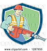 Vector Clip Art of Retro Cartoon White Construction Worker Holding a Jackhammer Drill in a Shield by Patrimonio
