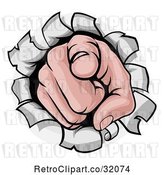 Vector Clip Art of Retro Cartoon White Hand Pointing Outwards, Breaking Through a Wall by AtStockIllustration