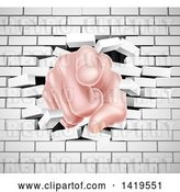 Vector Clip Art of Retro Cartoon White Hand Pointing Outwards, Breaking Through a White Brick Wall by AtStockIllustration