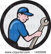 Vector Clip Art of Retro Cartoon White Handy Guy Holding a Spanner Wrench in a Circle by Patrimonio