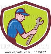 Vector Clip Art of Retro Cartoon White Handy Guy Holding a Spanner Wrench in a Shield by Patrimonio