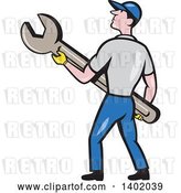 Vector Clip Art of Retro Cartoon White Handy Guy or Mechanic Holding a Spanner Wrench by Patrimonio