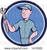 Vector Clip Art of Retro Cartoon White Handy Guy or Mechanic Holding a Spanner Wrench in a Blue and White Circle by Patrimonio