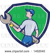 Vector Clip Art of Retro Cartoon White Handy Guy or Mechanic Holding a Spanner Wrench in a Blue White and Green Shield by Patrimonio