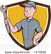 Vector Clip Art of Retro Cartoon White Handy Guy or Mechanic Holding a Spanner Wrench in a Blue White and Yellow Shield by Patrimonio
