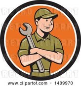 Vector Clip Art of Retro Cartoon White Handy Guy or Mechanic Holding a Spanner Wrench in Folded Arms in a Black White and Orange Circle by Patrimonio