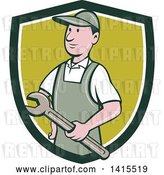 Vector Clip Art of Retro Cartoon White Handy Guy or Mechanic Holding a Wrench in a Blue White and Green Shield by Patrimonio