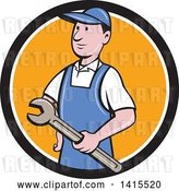 Vector Clip Art of Retro Cartoon White Handy Guy or Mechanic Holding a Wrench in a Blue White and Orange Circle by Patrimonio