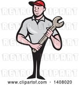 Vector Clip Art of Retro Cartoon White Handy Guy or Mechanic Standing and Holding a Spanner Wrench by Patrimonio
