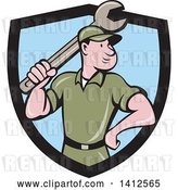 Vector Clip Art of Retro Cartoon White Handy Guy or Mechanic Standing and Holding a Spanner Wrench in a Black and Blue Shield by Patrimonio
