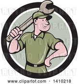 Vector Clip Art of Retro Cartoon White Handy Guy or Mechanic Standing and Holding a Spanner Wrench in a Black White and Green Circle by Patrimonio