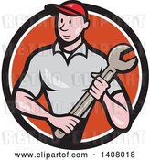 Vector Clip Art of Retro Cartoon White Handy Guy or Mechanic Standing and Holding a Spanner Wrench in a Black White and Orange Circle by Patrimonio