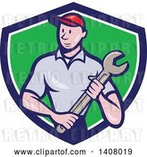 Vector Clip Art of Retro Cartoon White Handy Guy or Mechanic Standing and Holding a Spanner Wrench in a Blue White and Green Shield by Patrimonio