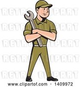 Vector Clip Art of Retro Cartoon White Handy Guy or Mechanic Standing and Holding a Spanner Wrench in Folded Arms by Patrimonio