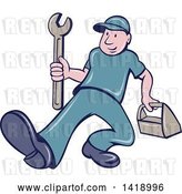 Vector Clip Art of Retro Cartoon White Handy Guy or Mechanic Walking with a Spanner Wrench and Tool Box by Patrimonio