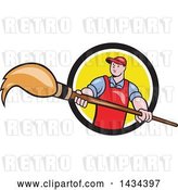 Vector Clip Art of Retro Cartoon White Male Artist Holding a Giant Paintbrush in a Black, White and Yellow Circle by Patrimonio