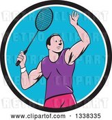 Vector Clip Art of Retro Cartoon White Male Badminton Player with a Racket in a Black White and Blue Circle by Patrimonio