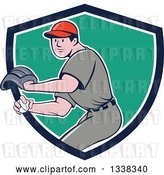 Vector Clip Art of Retro Cartoon White Male Baseball Player Pitching in a Blue White and Turquoise Shield by Patrimonio