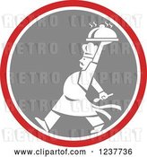 Vector Clip Art of Retro Cartoon White Male Chef Carrying a Cloche Platter in a Red and Gray Circle by Patrimonio