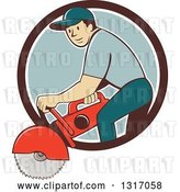 Vector Clip Art of Retro Cartoon White Male Construction Worker Using a Concrete Cutter Tool in a Brown White and Blue Circle by Patrimonio