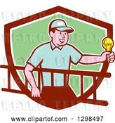 Vector Clip Art of Retro Cartoon White Male Electrician Carrying a Ladder and Holding a Light Bulb in a Maroon White and Green Shield by Patrimonio
