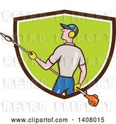 Vector Clip Art of Retro Cartoon White Male Gardener Holding a Hedge Trimmer, Emerging from a Brown White and Green Shield by Patrimonio